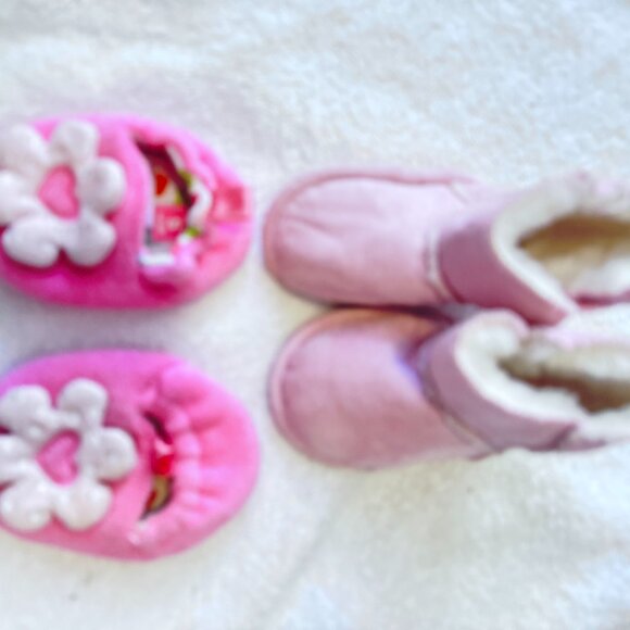 Carter’s Pink Flower Slippers & Baby Booties Bundle – Size S (0–6M) - Picture 1 of 5